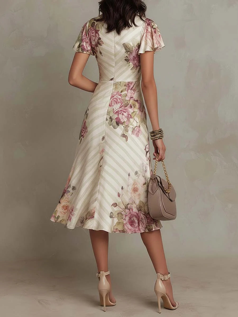 Alba | Elegant Retro Blomstret Satengmidikjole