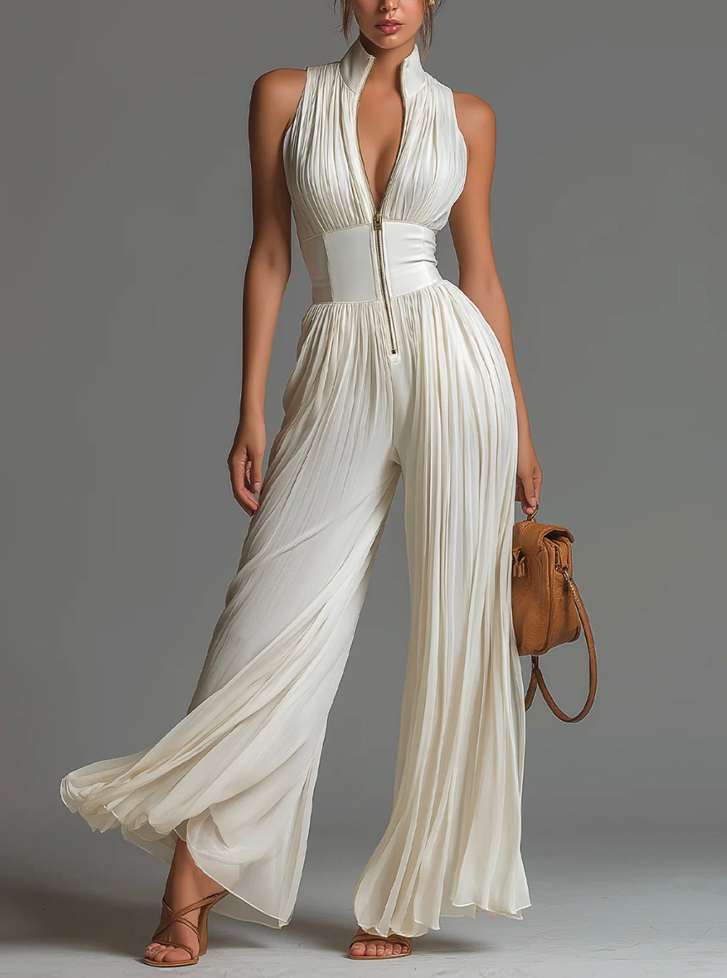 Abigail | V-Hals Ærmeløs Jumpsuit i Chiffon med Vide Ben