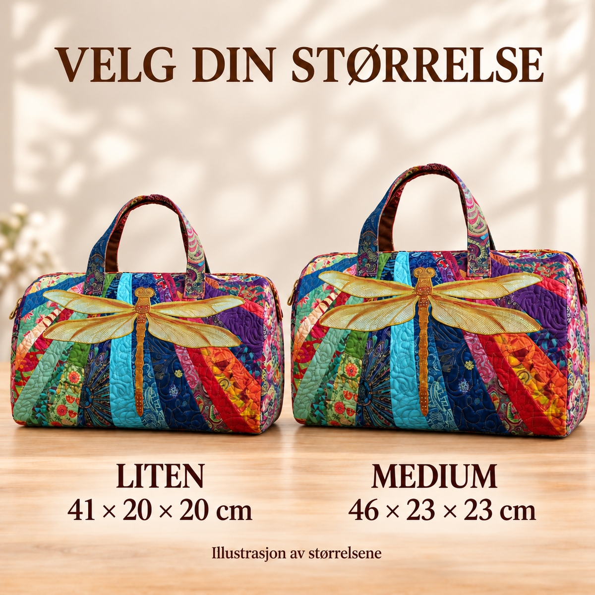 Airborne Bloom vattert duffelbag – Liten 41 × 20 × 20 cm og Medium 46 × 23 × 23 cm – størrelsesillustrasjon
