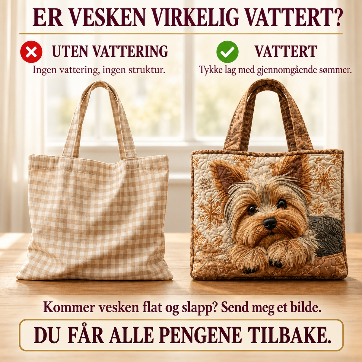 Artisanal-veske – Bedårende Yorkshire – sammenligning av vattert og uvattert veske