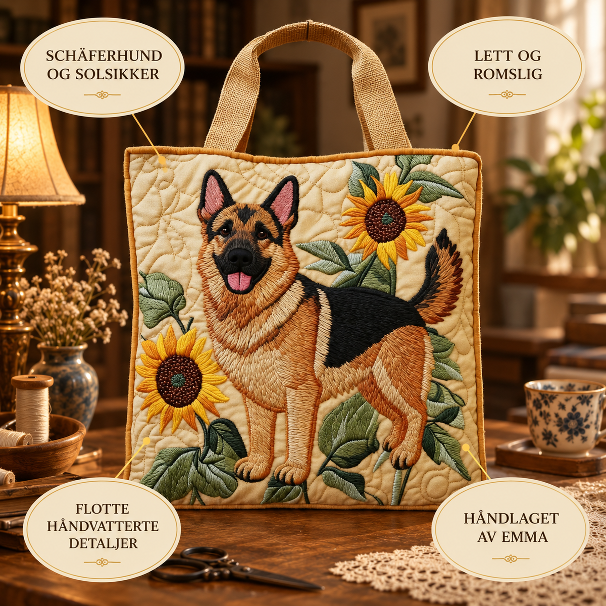 Artisanal-veske – Blomstrende schäferhund – mønster og detaljer