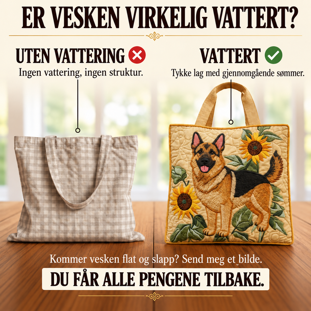 Artisanal-veske – Blomstrende schäferhund – sammenligning av vattert og uvattert veske