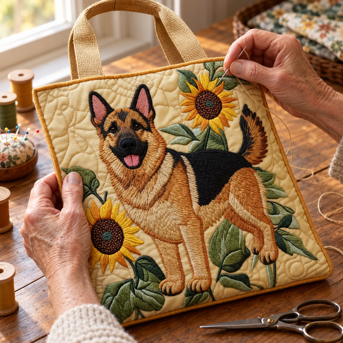 Artisanal-veske – Blomstrende schäferhund – detalj av søm og vattering