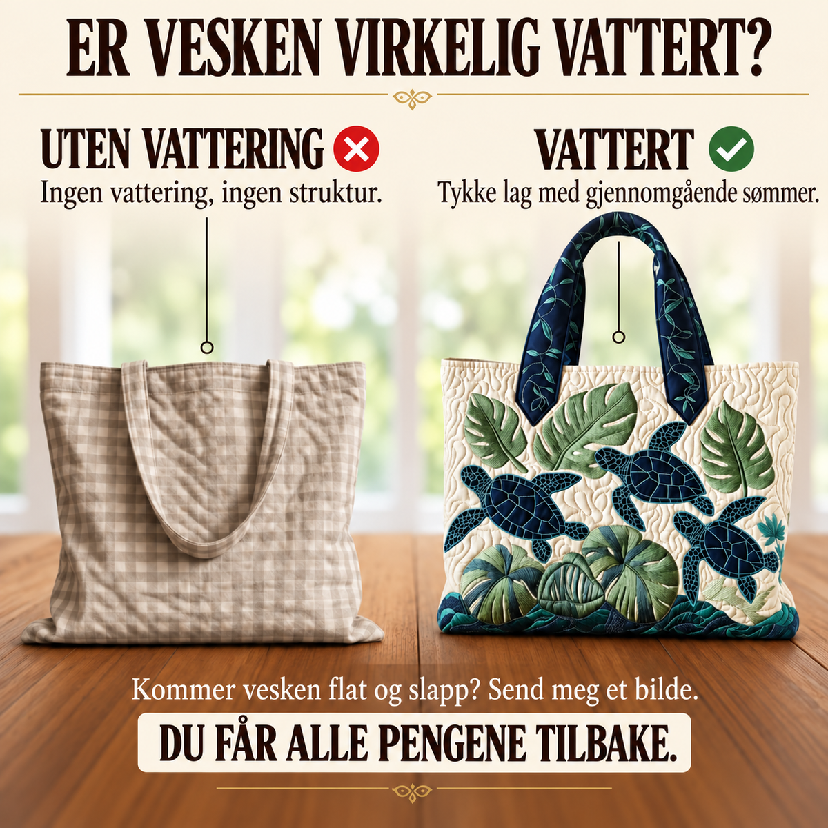 Artisanal-veske – Havskilpaddens eleganse – sammenligning av vattert og uvattert veske