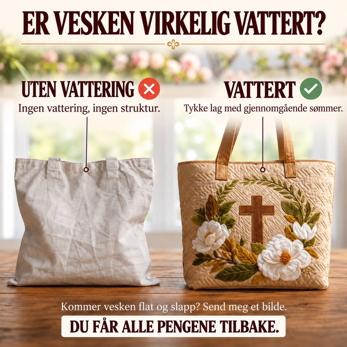 Artisanal-veske – Hellig kors – sammenligning av vattert og uvattert veske