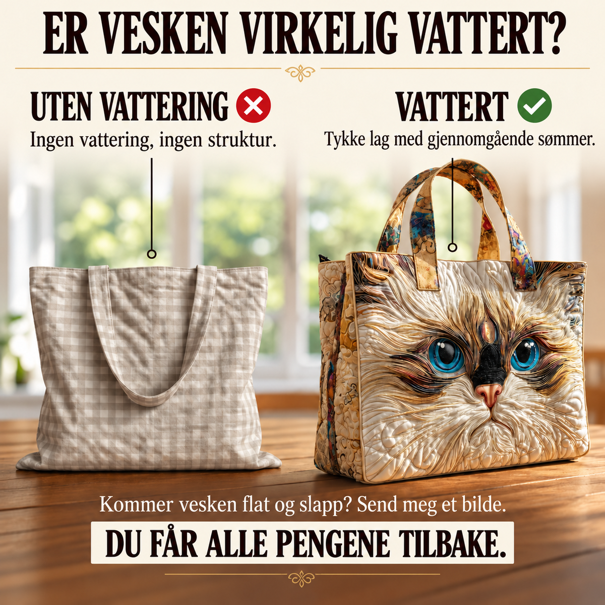 Artisanal-veske – Hvit katt med blå øyne – sammenligning av vattert og uvattert veske