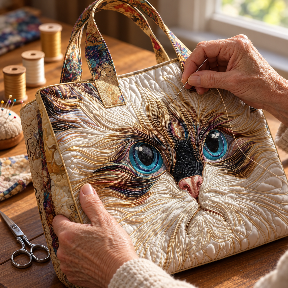 Artisanal-veske – Hvit katt med blå øyne – detalj av søm og vattering