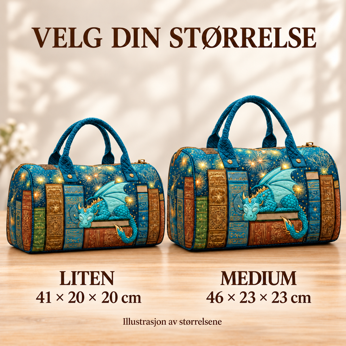 Dragon Tome vattert duffelbag – Liten 41 × 20 × 20 cm og Medium 46 × 23 × 23 cm – størrelsesillustrasjon