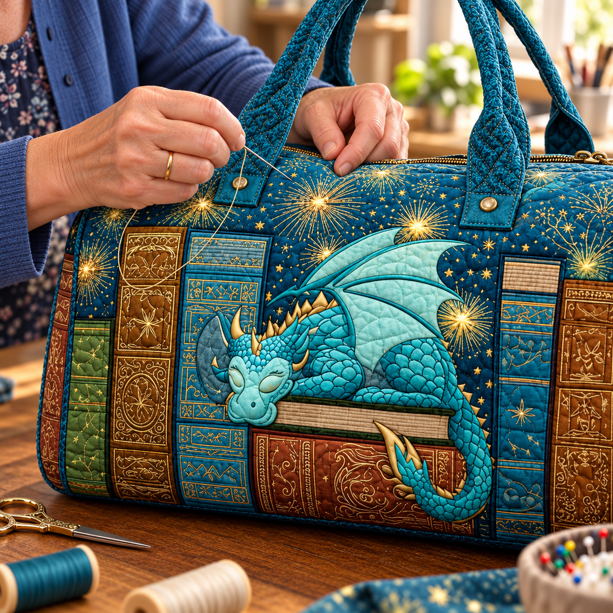 Dragon Tome vattert duffelbag – Detalj av søm og stoff – illustrasjon