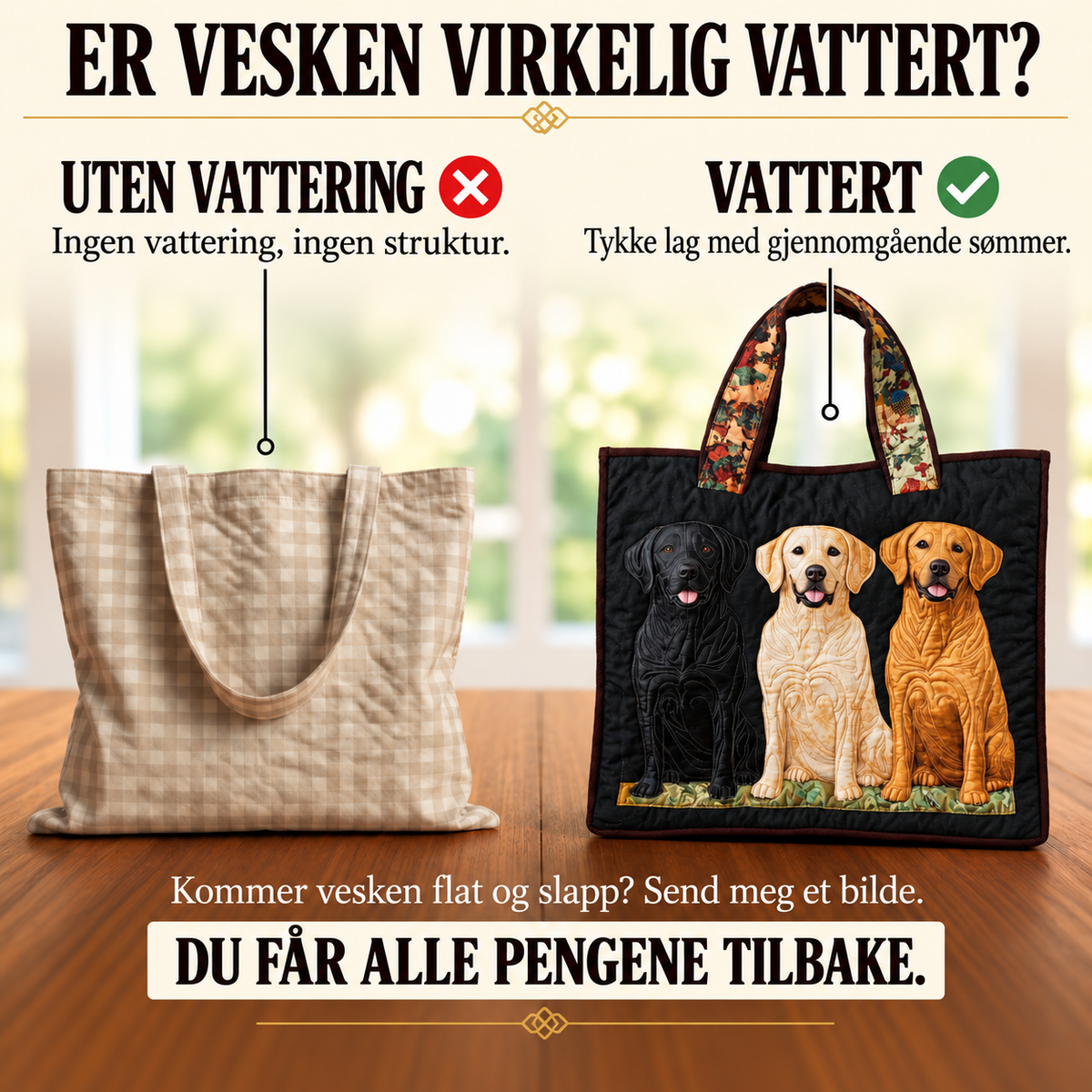 Håndlaget veske – Tre labradorer – sammenligning av vattert og uvattert veske