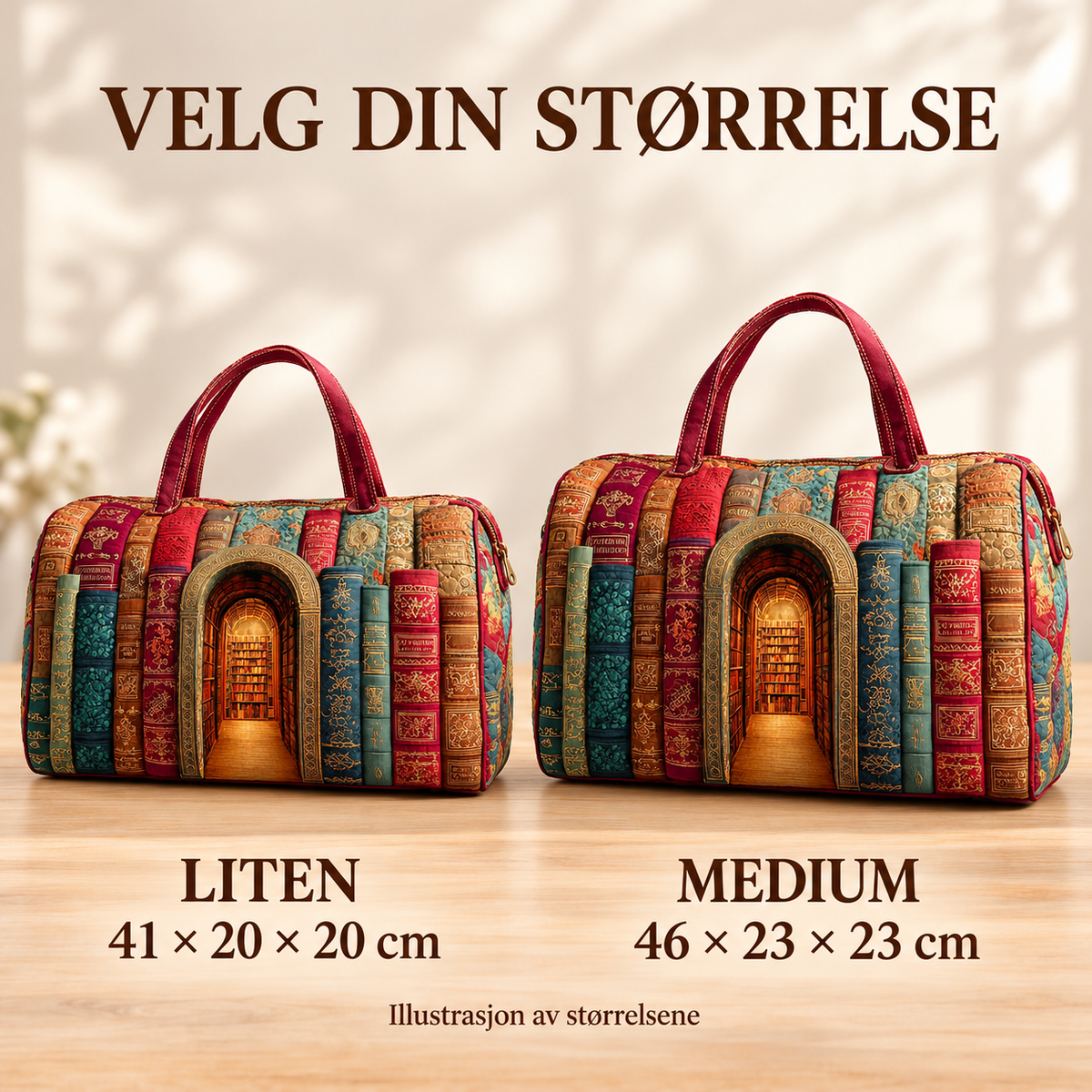 Hidden Library vattert duffelbag – Sammenligning av størrelsene – illustrasjon