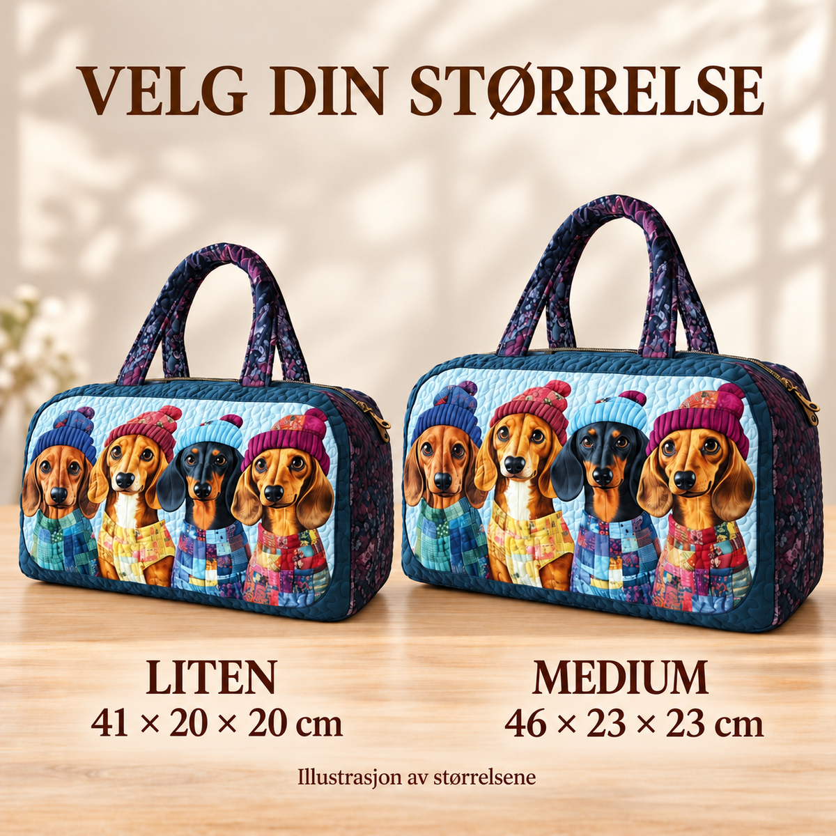 Holiday Quartet vattert duffelbag – Liten 41 × 20 × 20 cm og Medium 46 × 23 × 23 cm – størrelsesillustrasjon