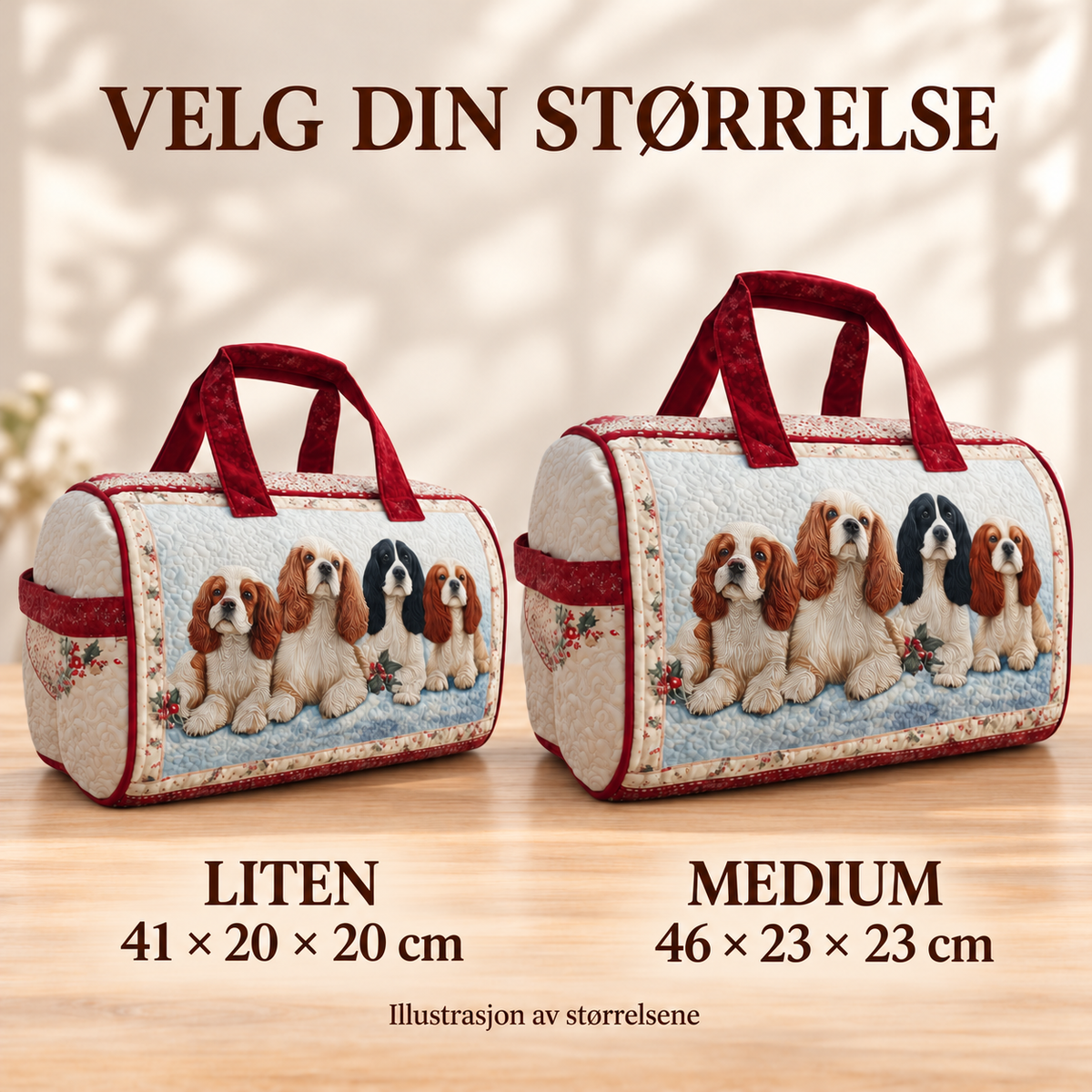 Joyful Spaniel vattert duffelbag – Liten 41 × 20 × 20 cm og Medium 46 × 23 × 23 cm – størrelsesillustrasjon