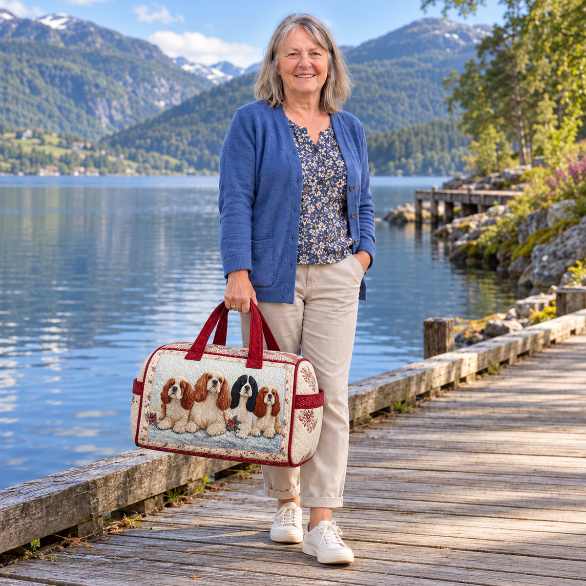 Joyful Spaniel vattert duffelbag – Emma med duffelbagen ved en norsk innsjø – illustrasjon