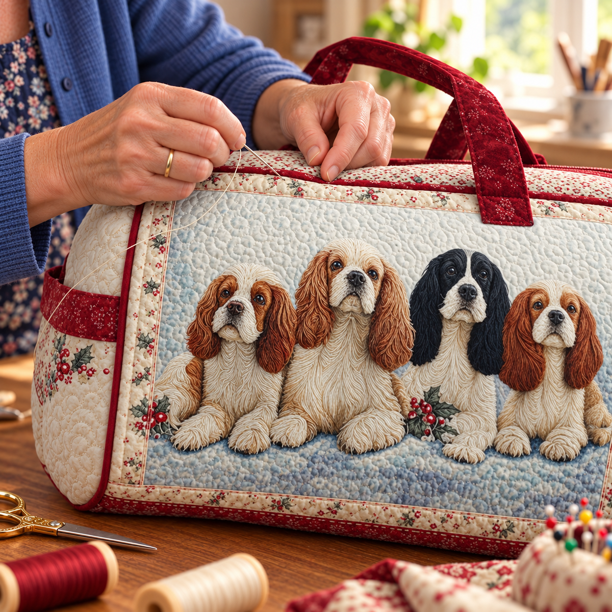 Joyful Spaniel vattert duffelbag – Detalj av søm og stoff – illustrasjon
