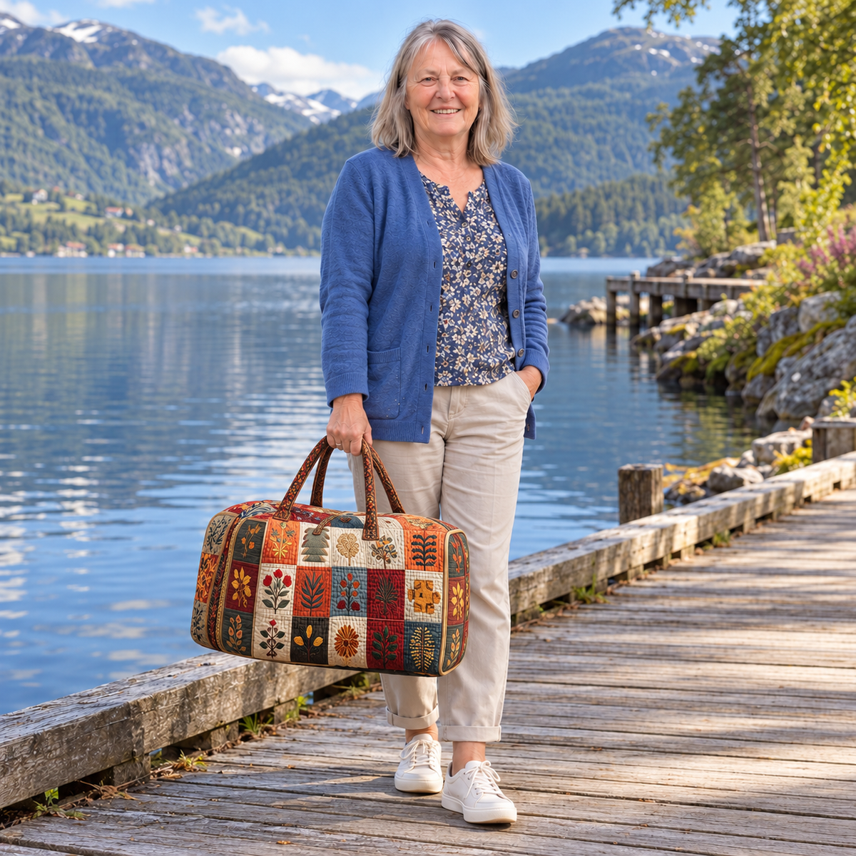Petal Serenade vattert duffelbag – Emma med duffelbagen ved en norsk innsjø – illustrasjon