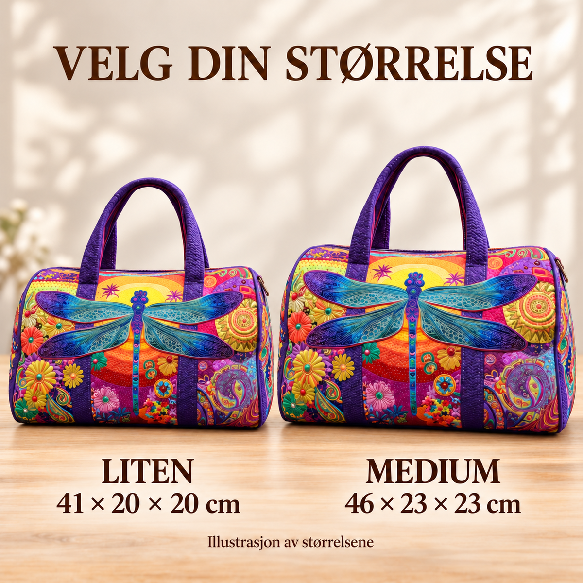 Silken Skies vattert duffelbag – Liten 41 × 20 × 20 cm og Medium 46 × 23 × 23 cm – størrelsesillustrasjon