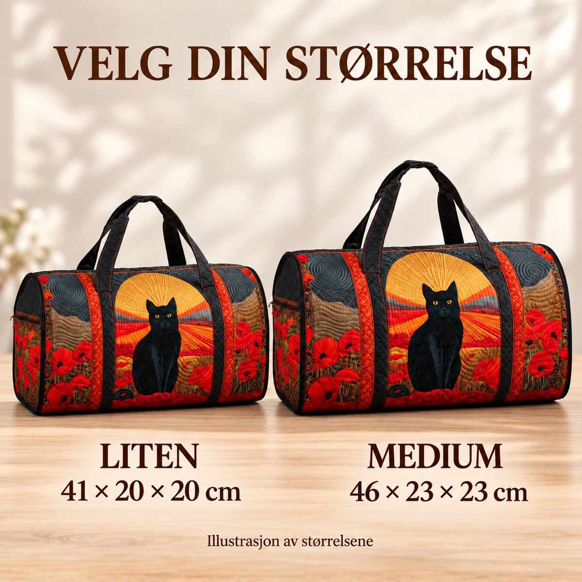 Sunset Cat vattert duffelbag – Liten 41 × 20 × 20 cm og Medium 46 × 23 × 23 cm – størrelsesillustrasjon