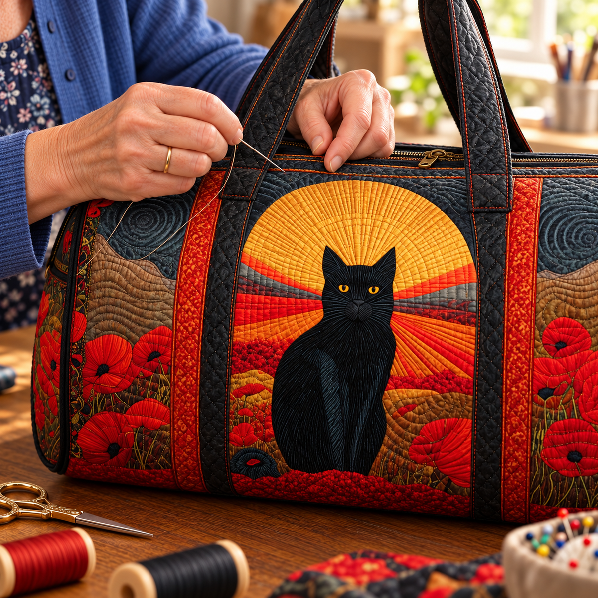 Sunset Cat vattert duffelbag – Detalj av søm og stoff – illustrasjon