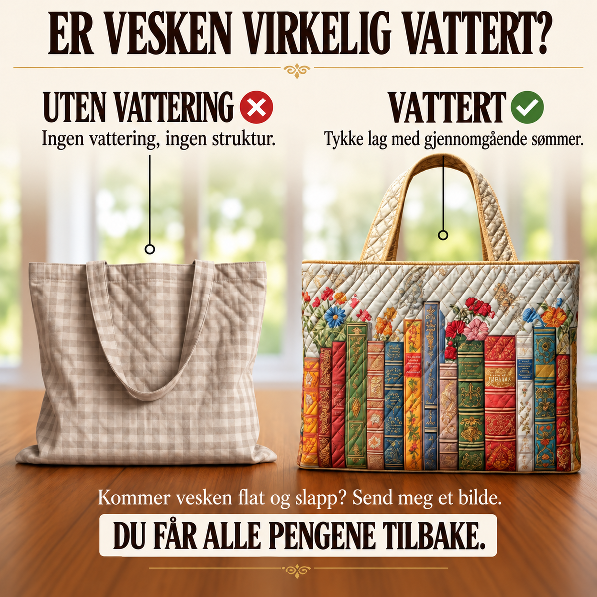 Vattert tote-veske – Fortryllet bibliotek – sammenligning av vattert og uvattert veske