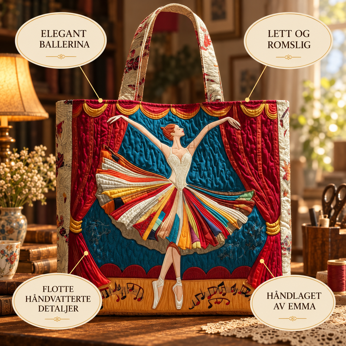 Vattert veske – Elegant ballerina – mønster og detaljer