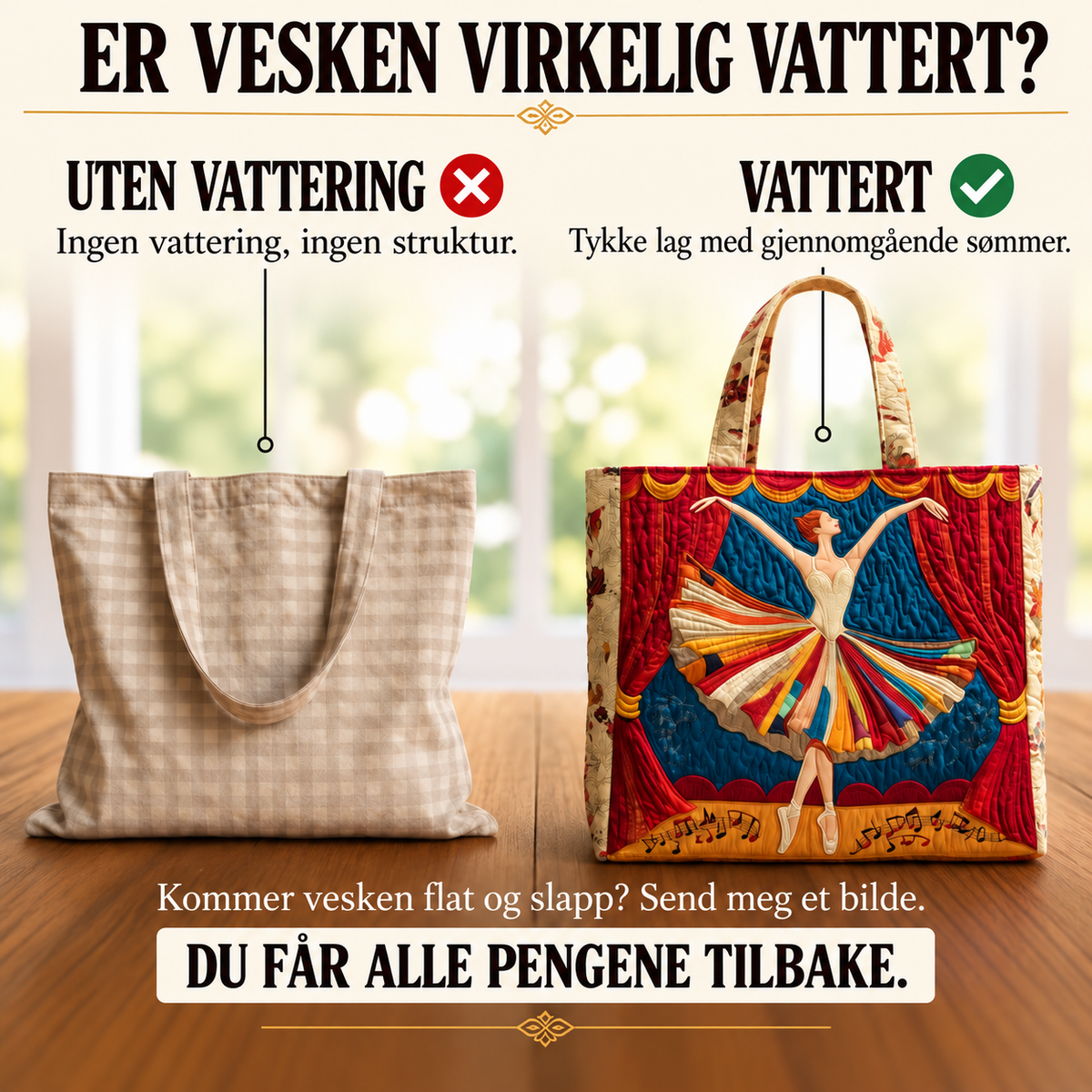 Vattert veske – Elegant ballerina – sammenligning av vattert og uvattert veske